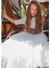 Ivory Lace Tulle Tiered Flower Girl Dress With Purple Belt